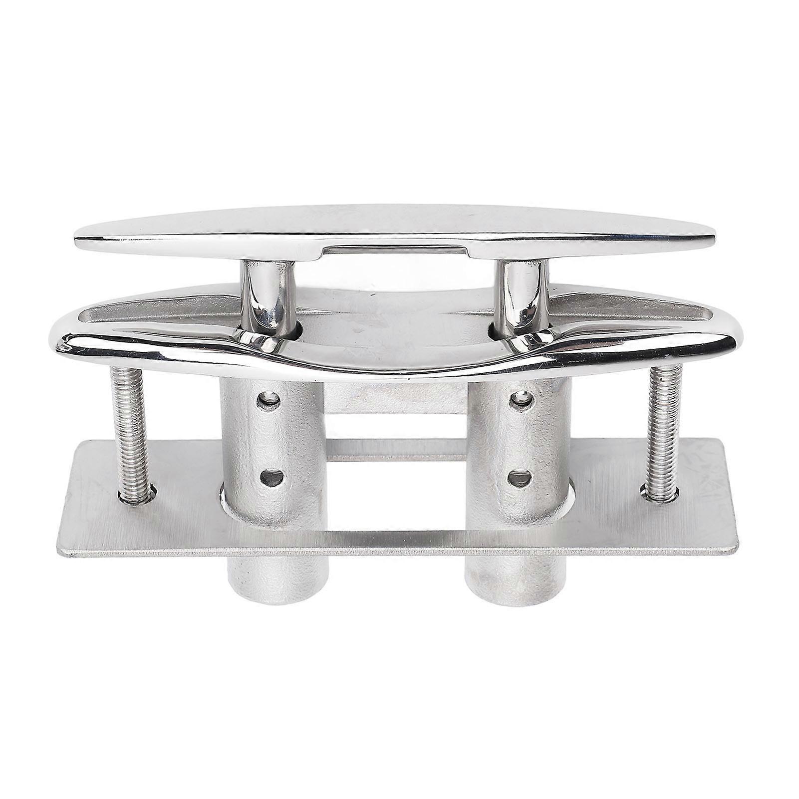 Heavy duty 5 inch 316 stainless steel retractable flush mount deck cleat with backing plate and lock nuts.