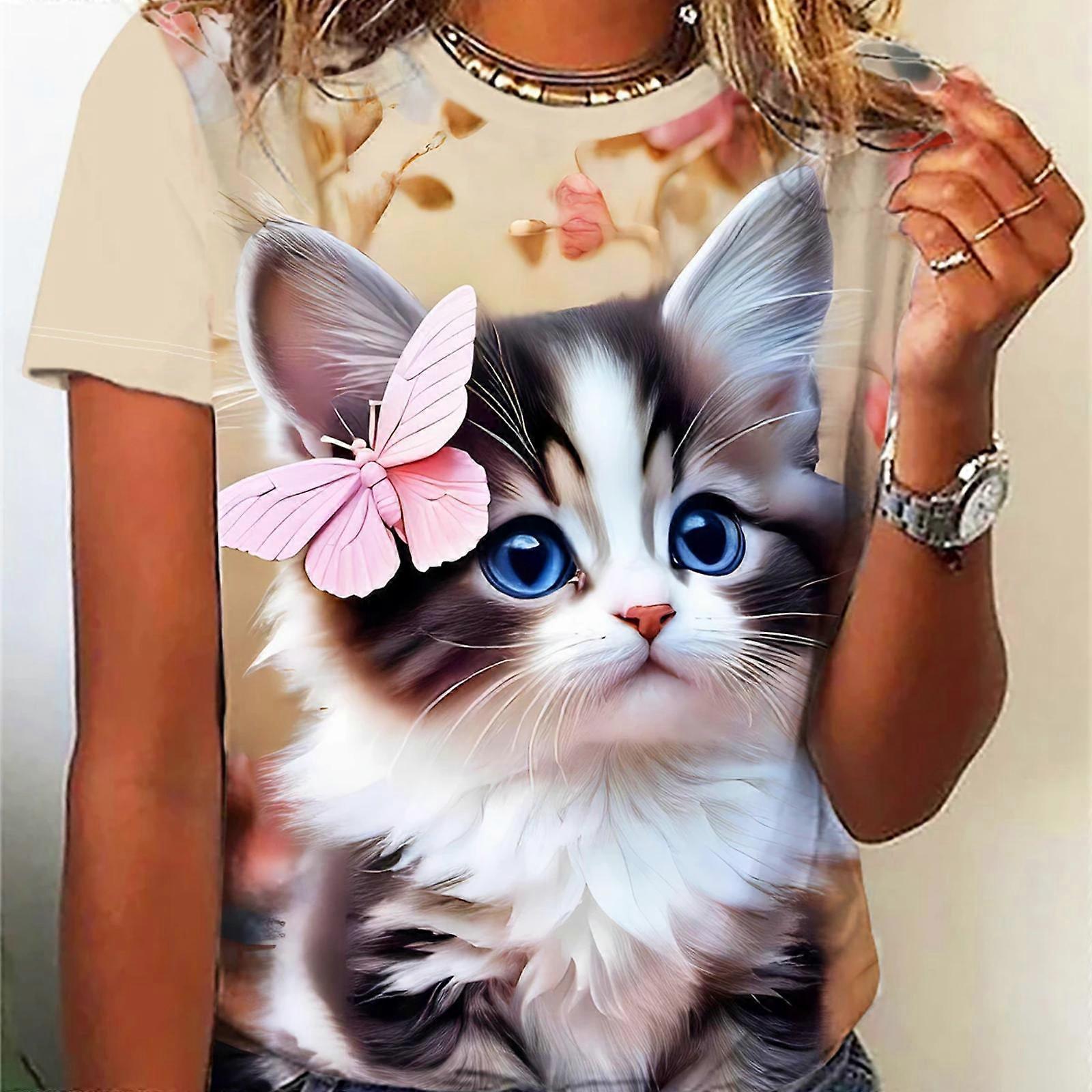 Spring and summer, women's 3D kitten printed T-shirt, casual oversized round neck short sleeved top