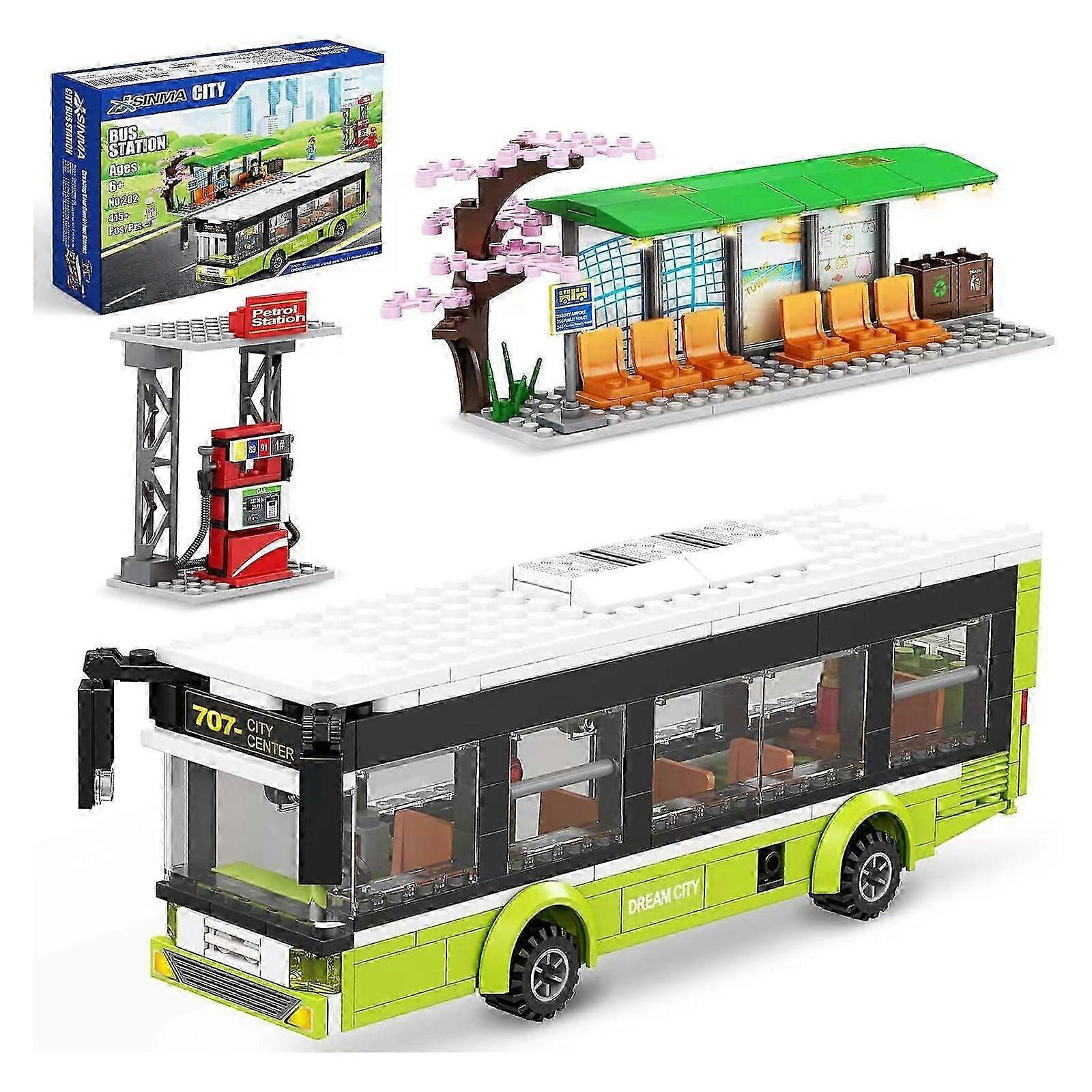 2025 JSINMA 415PCs City Bus Station Building Kit - Interactive Playset with Bus, Gas Station & 6 Mini Figures, STEM Learning Gift for Kids Ages 6+