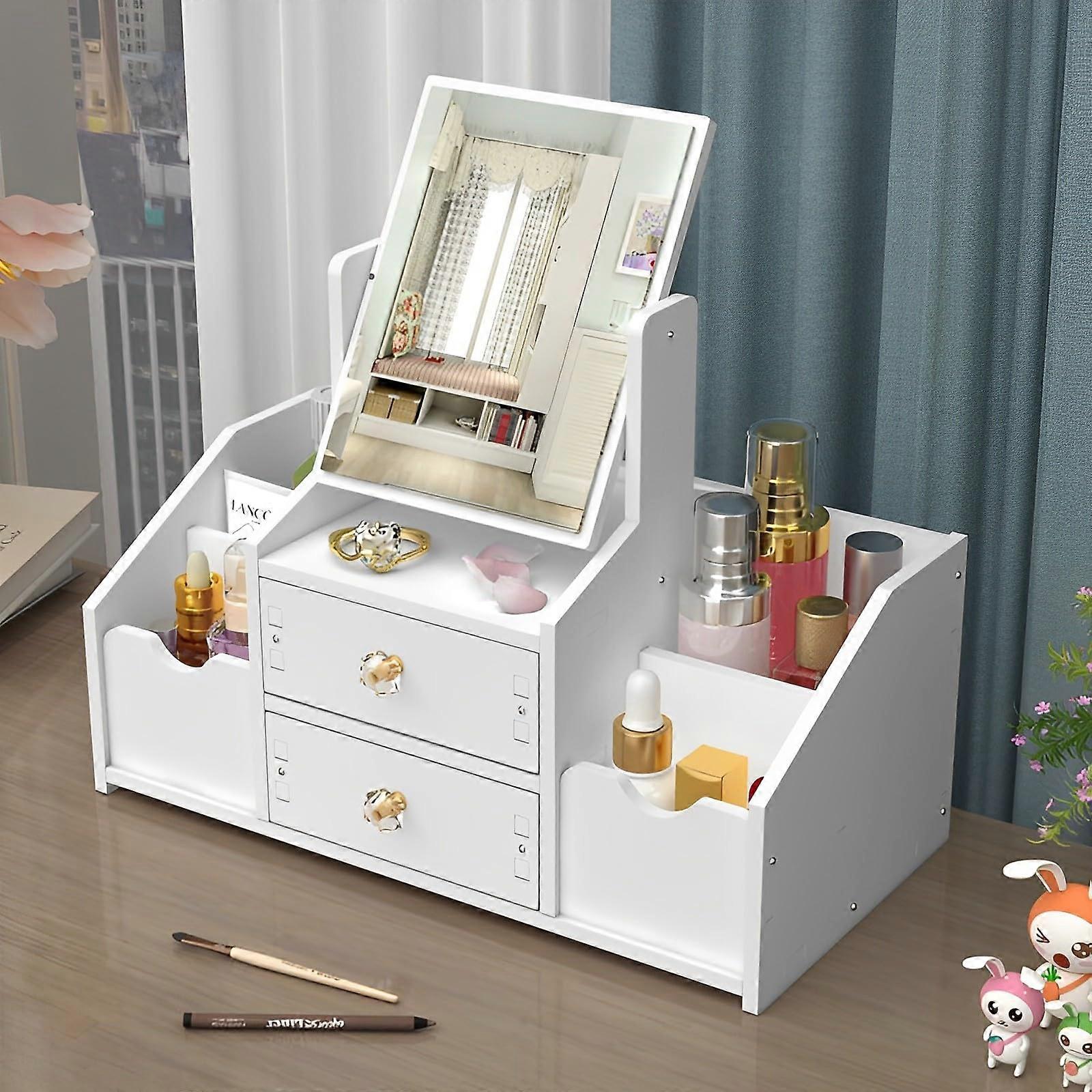 Make Up Organiser, Cosmetic Organiser with Mirror, Multifunctional Desktop Organiser, White
