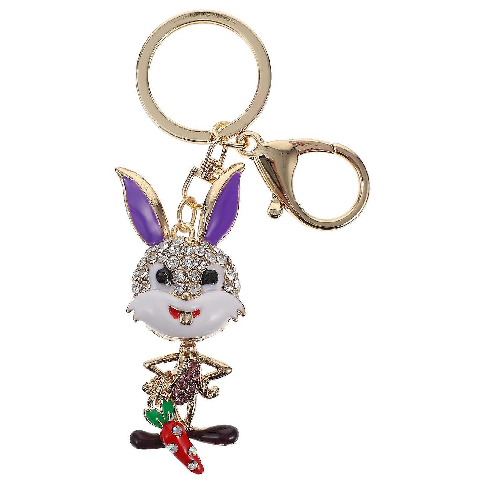 Cartoon Keychain Rabbit Shape Alloy Pendant Mobile Phone Decoration Purple 1Set