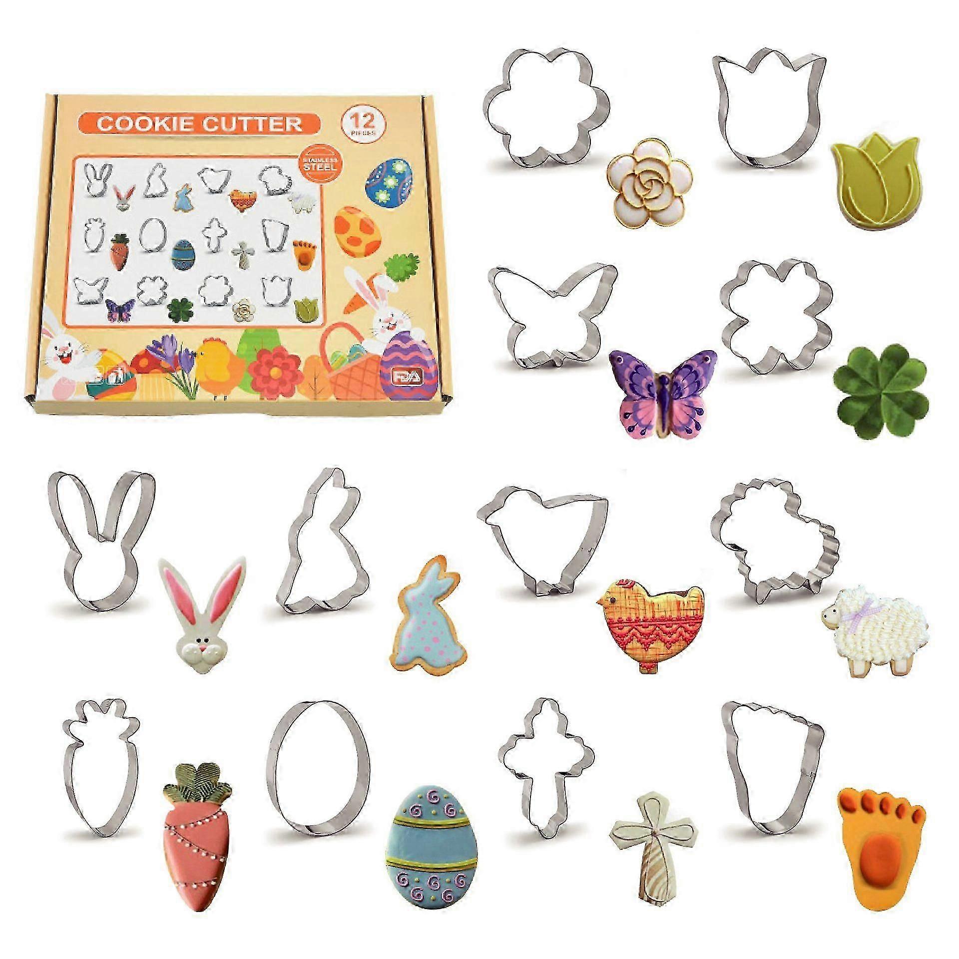 Set Of 12 Pcs Easter Series Stainless Steel Cookie Mold Set Rabbit Diy Baking Tool Cookie Rice Ball Cutting Mold