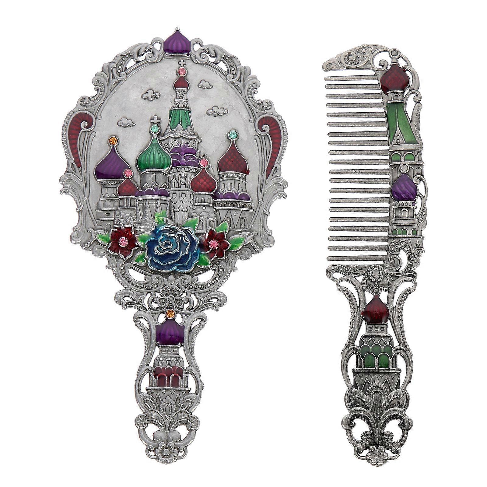 Castle Mirror Comb Set Handheld Mirror for Home Use 1Set Retro Embossed Design