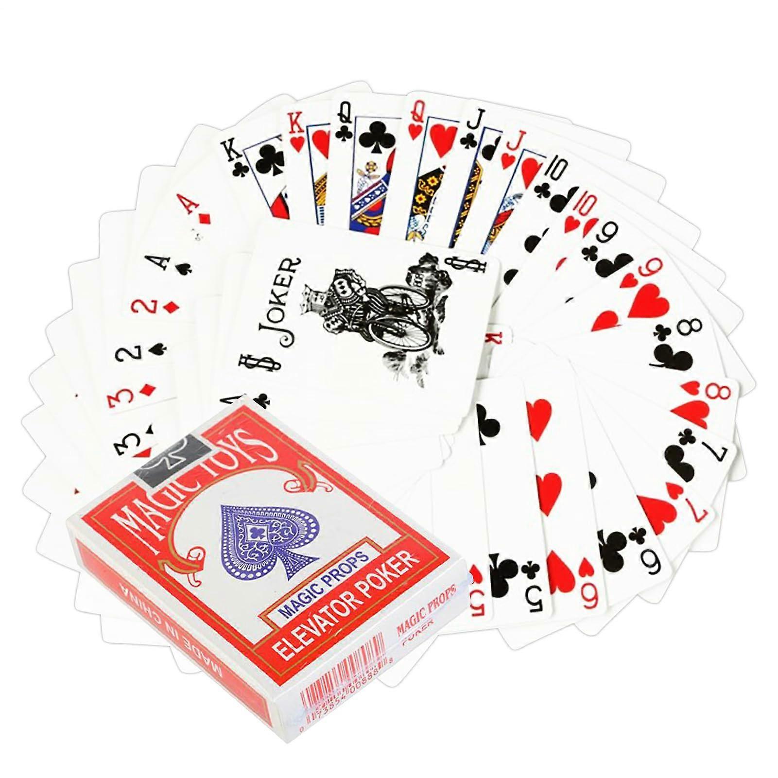 Magic Poker Cards, standard playing card decks, compact size, closeup shots, trick accessories, red packaging.