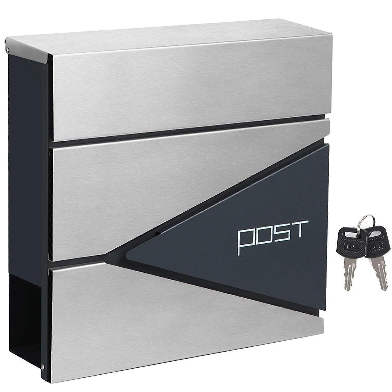Stainless steel mailbox with key lock, newspaper compartment, wallmounted, 37x36x10 cm (Silver).
