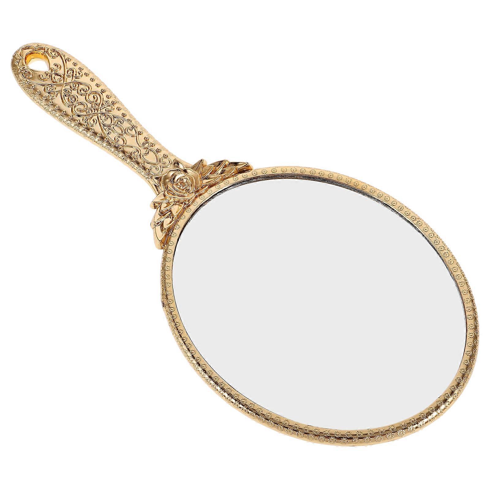 Vintage Handheld Oval Mirror with Embossed Rose Gold Design, Portable Compact Makeup Accessory for Travel and Role Play, Lightweight and Easy to Hold