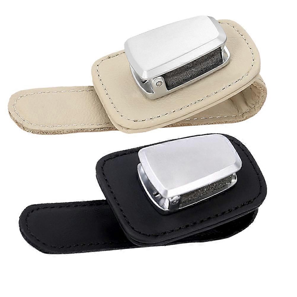 2pcs Multi Function Car Visor Glasses Holder Clip for Sunglasses & Eyeglasses – PU & Zinc Alloy, Easy Fix Storage, Black & Beige