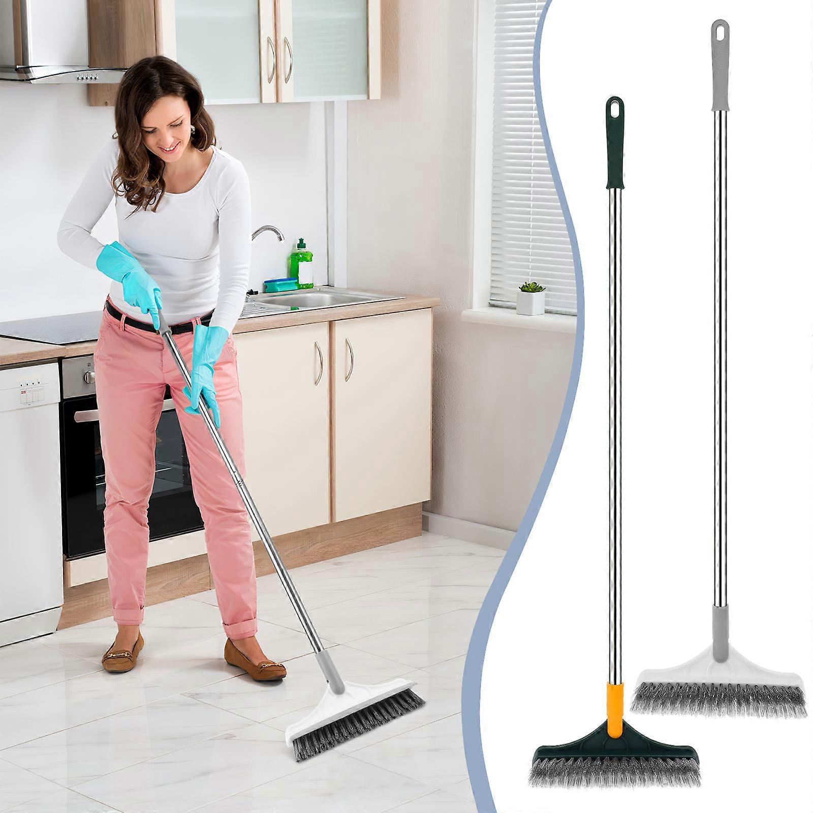 Stainless Steel Floor Brush with PP Wire and 3in1 Sweep Scrape Wipe Adjustable Long Handle 180° Rotating Head
