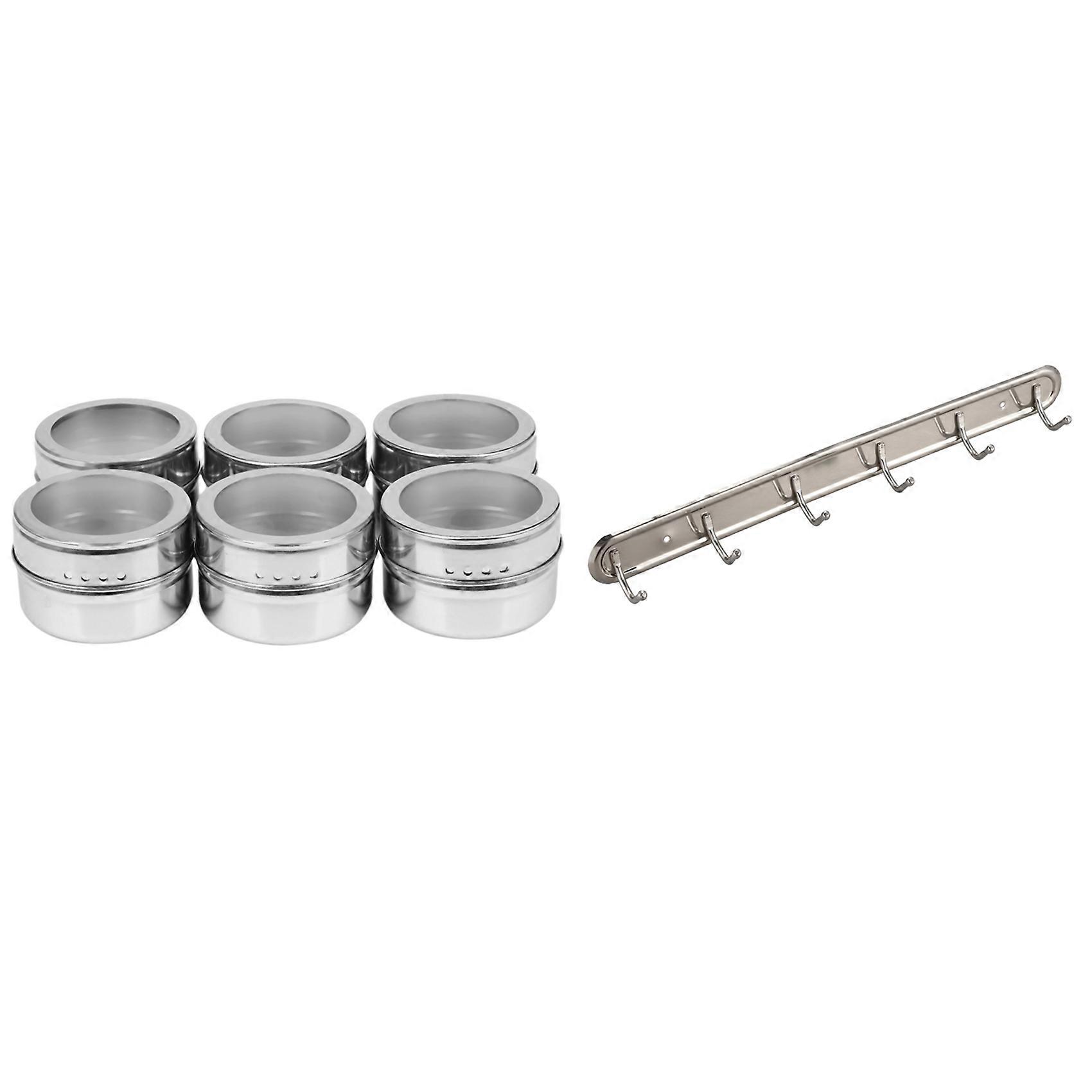 Household Metal Wall Mounted 6 Hooks Towel Rack Hanger 15inch Long with 6Pcs Clear Lid Magnetic Spic