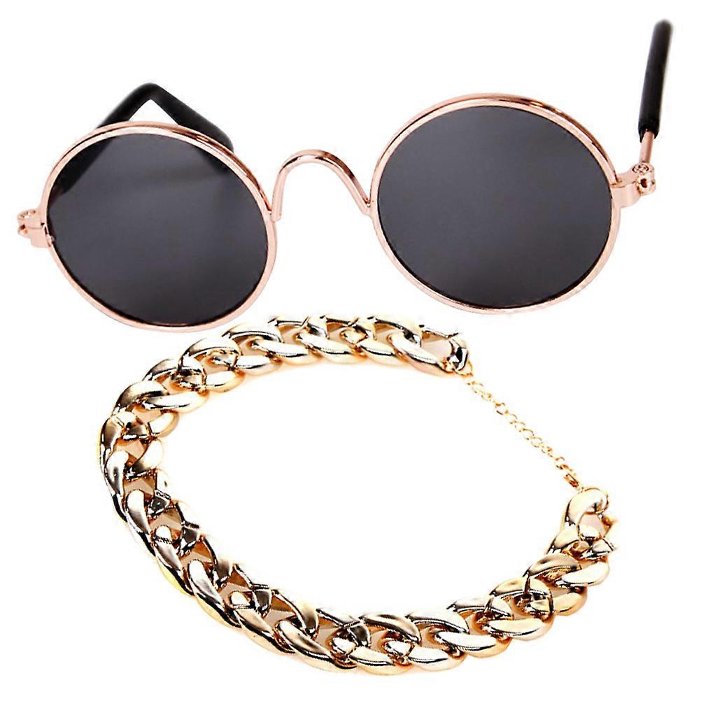 Cool Pet Sunglasses Set And Necklace For Small Dog Breeds In Golden Color Designed For Pet Parties 1 Set