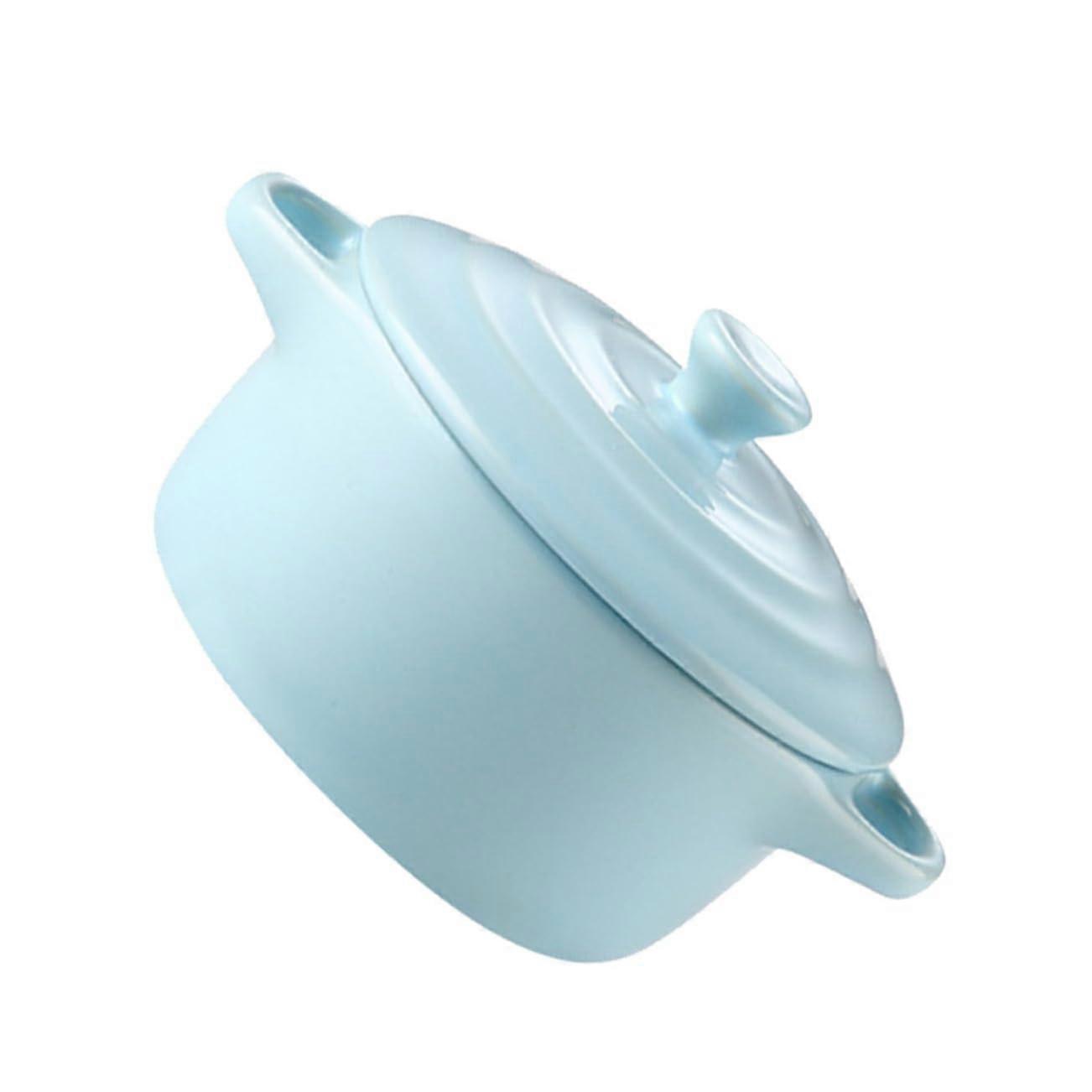 230ml Double Handle Ceramic Bowl Microwave Safe With Lid Oven Compatible Light Blue 13x9.8x7.5cm