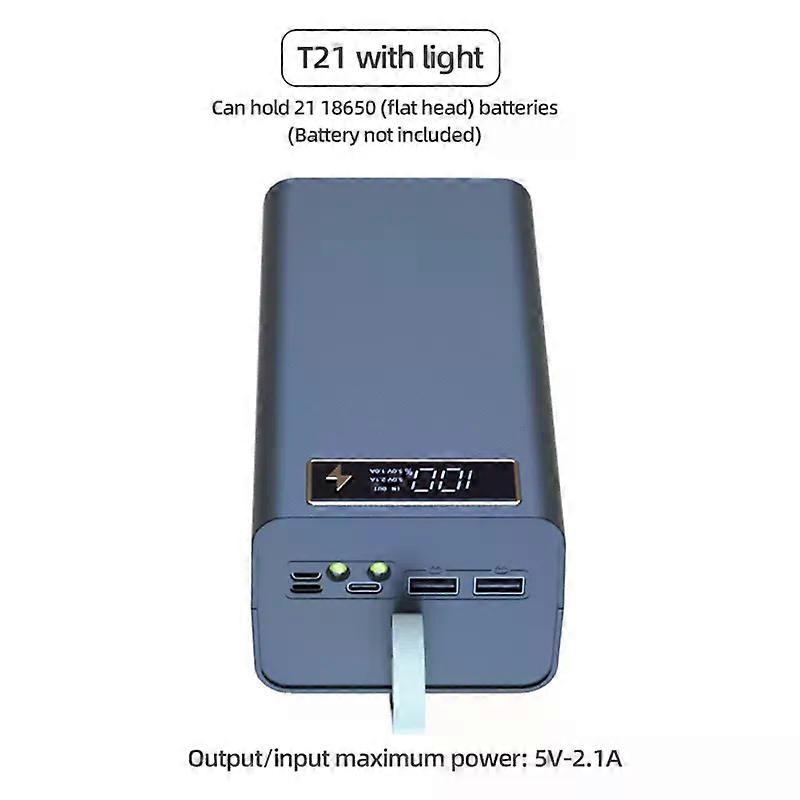 T21 Battery Storage Box 21*18650 with Flashlight Power Bank Case Battery Holder Box Dual USB 18650 Battery DIY Shell Storage