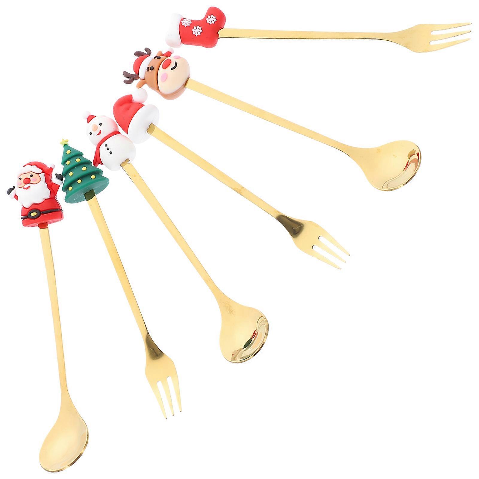 Xmas Themed Dessert Spoon Fork Kit For Home Decoration Tableware Red Color 1 Set