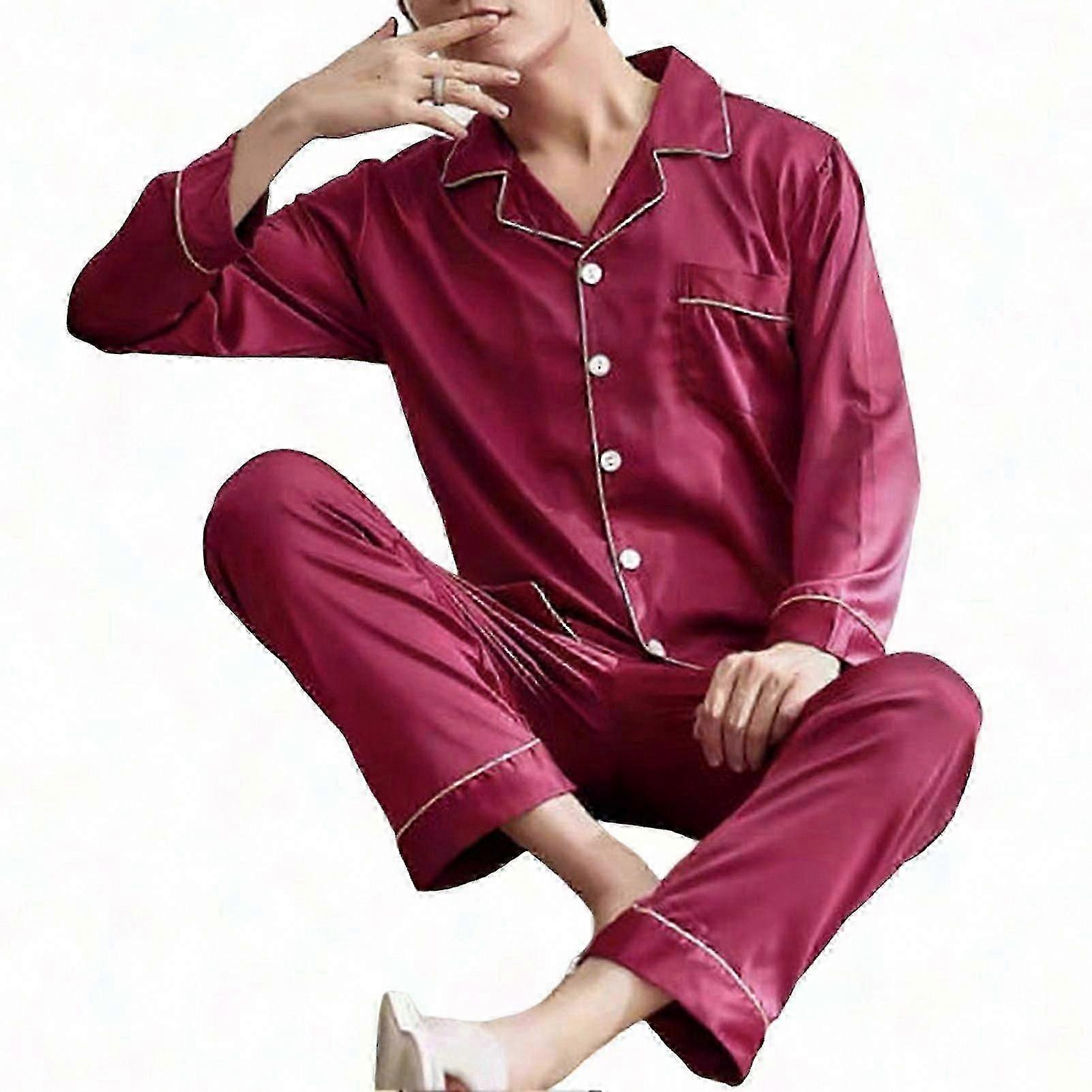 Men's Ice Silk Pajama Set - Solid Color Long Sleeve Loose Fit Plus Size Sleepwear for Home