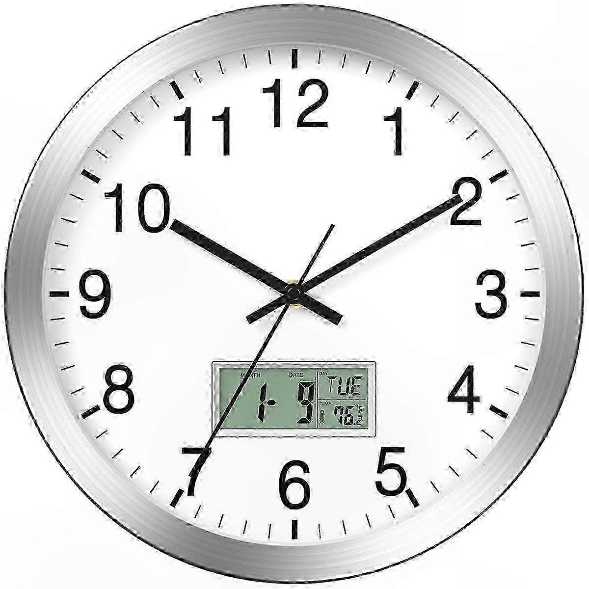 12-Inch Analog Wall Clock with Digital Date, Week, and Indoor Temperature Display, Battery Operated, Auto-Setting Function