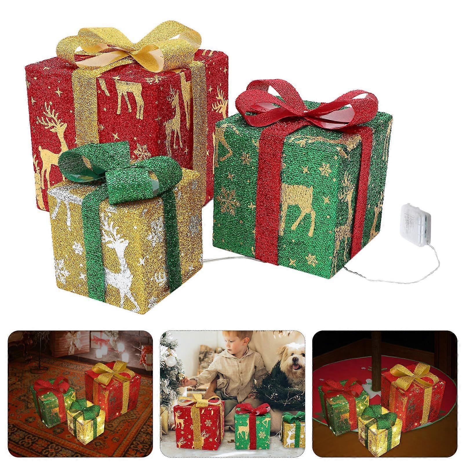 Set of 3 Christmas Lighted Gift Boxes with 60 LED Lights, Plug-in Holiday Decorations for Xmas Tree