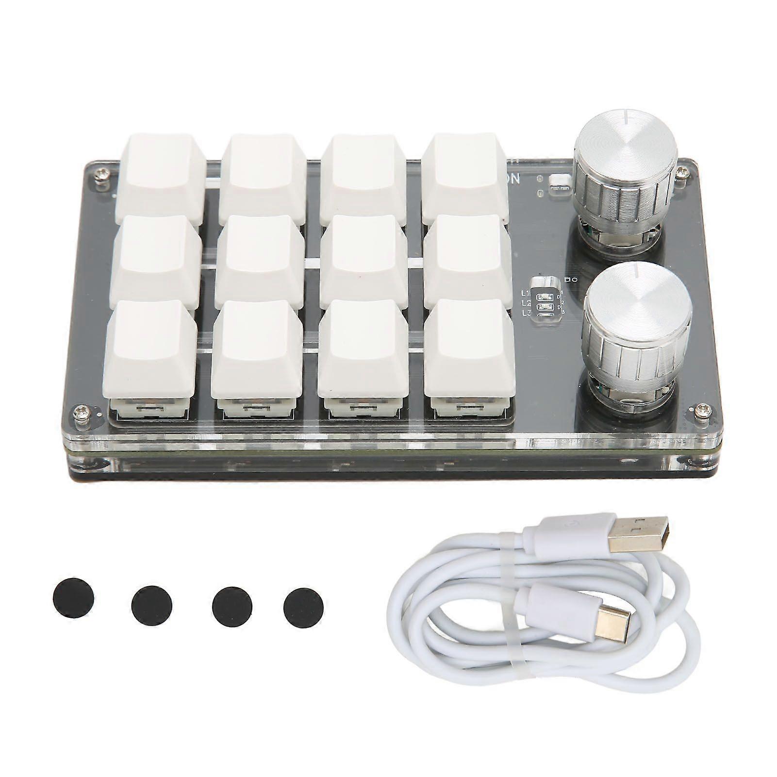 Mini Keypad 12 Keys 2 Knobs USB Or BT Connection Blue Switch Plug and Play Programmable Keypad for Gaming Office Media White