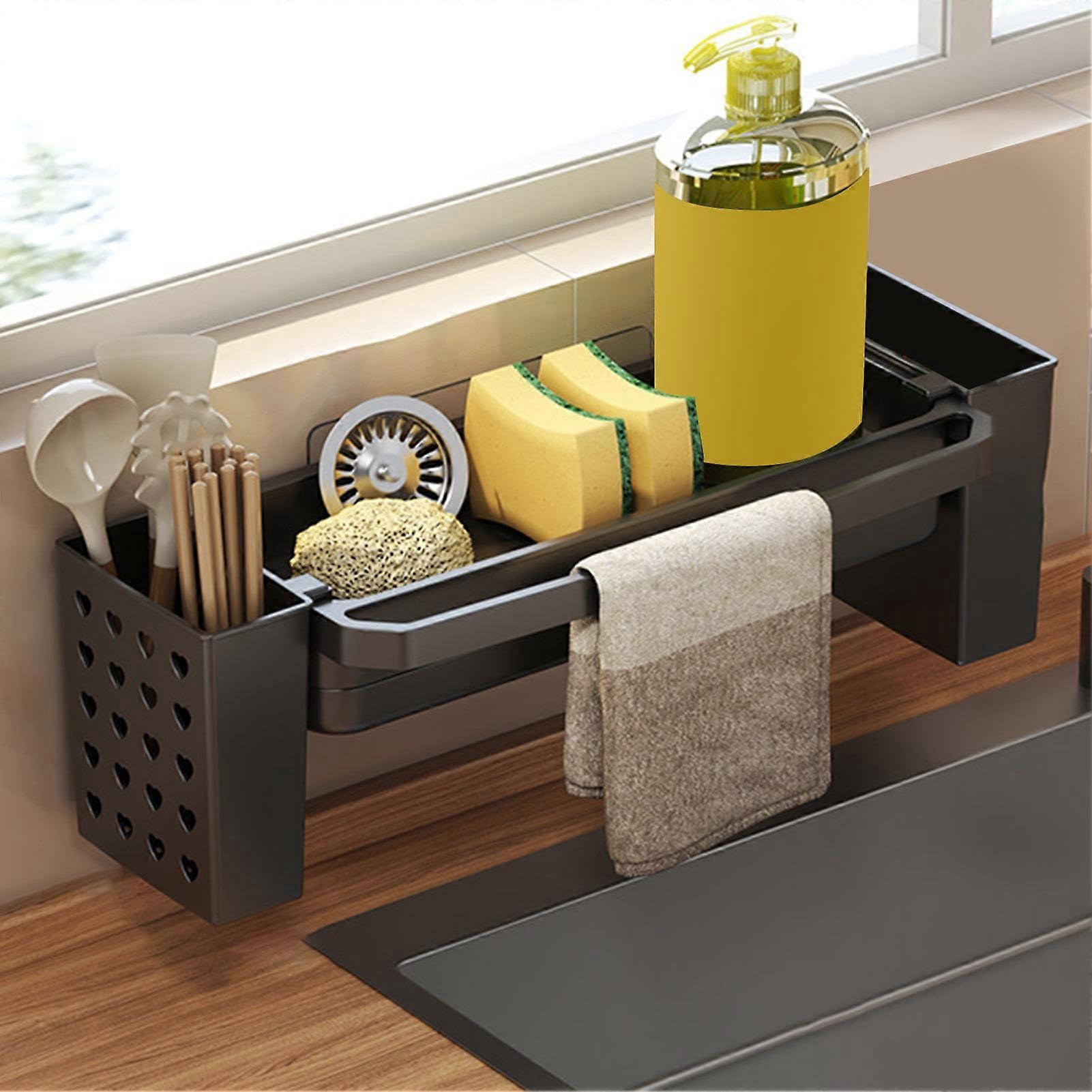 SUSUchens Sink Drain Rack with Hanging Rod Chopstick Holder Rust-Resistant Simple Installation Kitchen Countertop Organizer with Removable Tray White