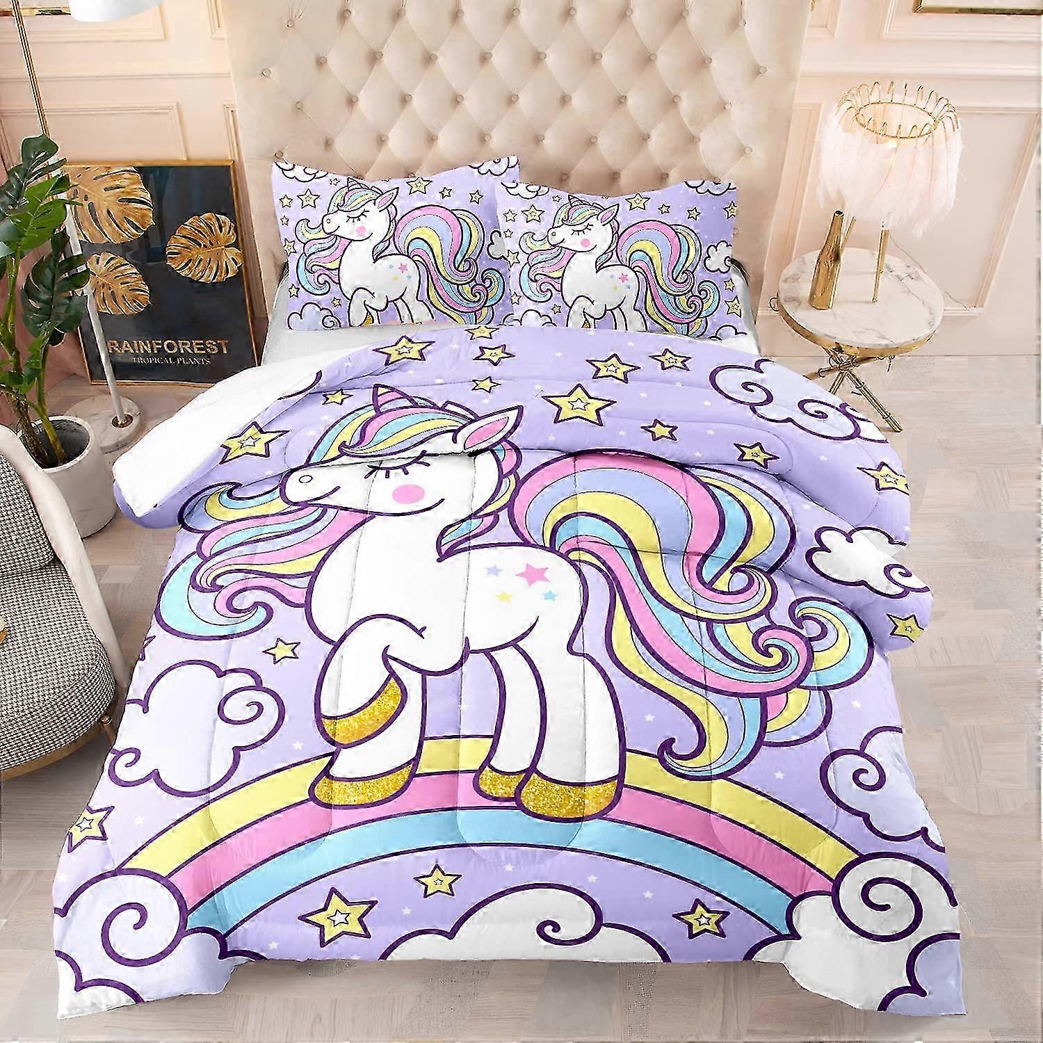 Rainbow Unicorn Bedding Set Full,Purple Unicorn Comforter Kids Sets with Stars Cloud for