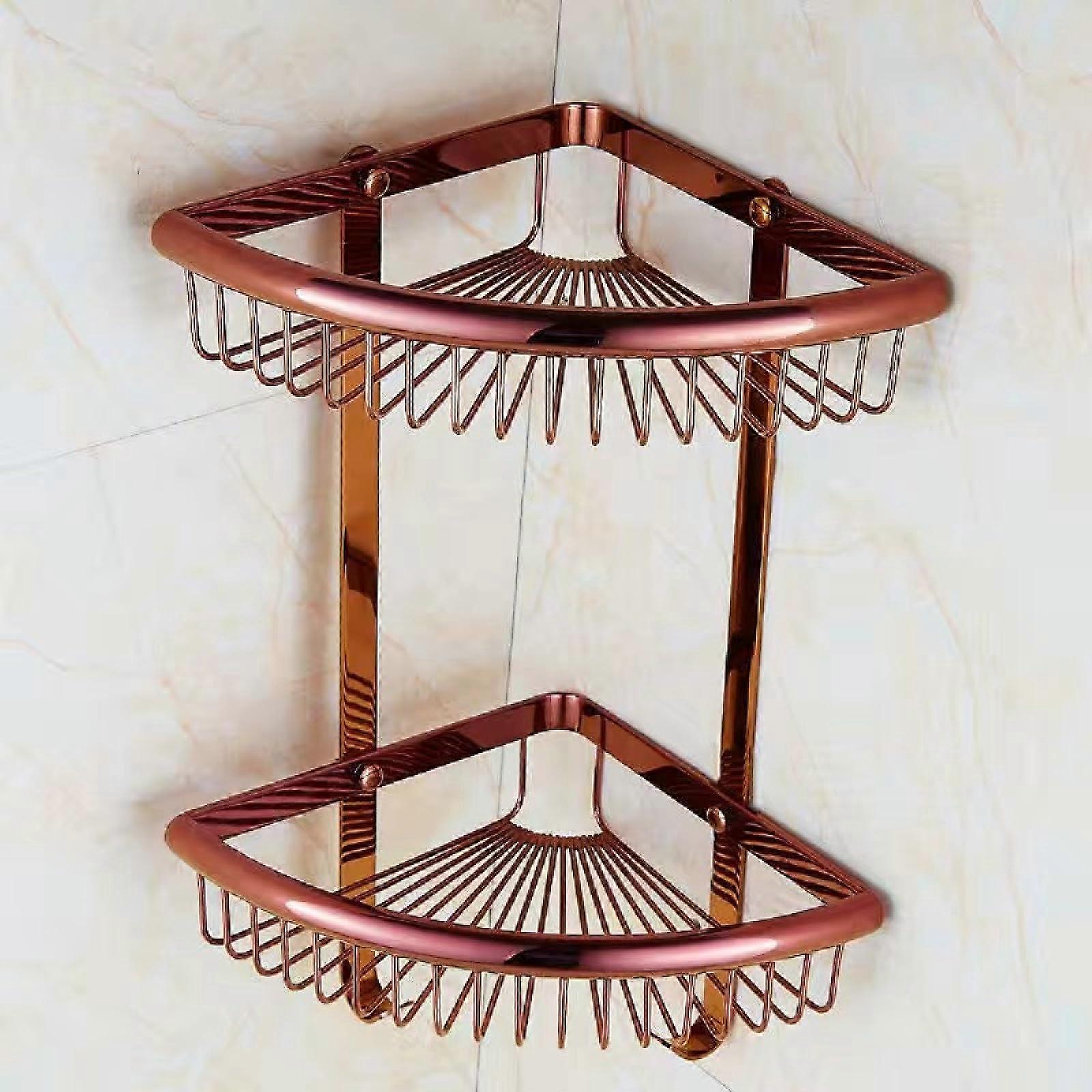 Triangular Corner Shelf Three Tiered Double Mesh Basket Rose Gold Fan Shaped Bathroom Wall Storage With Hooks