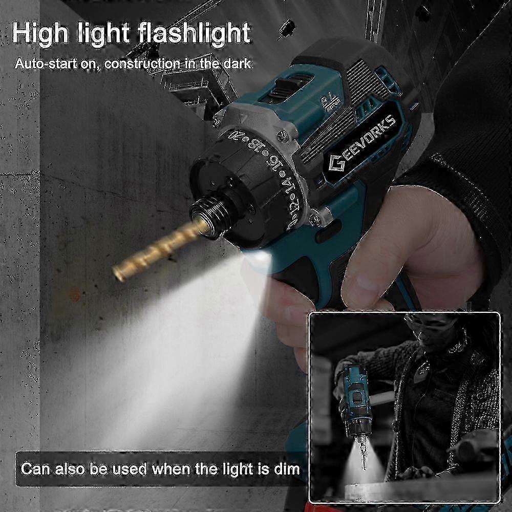 Geevorks 21V Cordless Electric Drill Brushless Motor 2 Speeds Control Modes Forward and Reverse Rotation Direction Adjustment 20 Gears of Torques