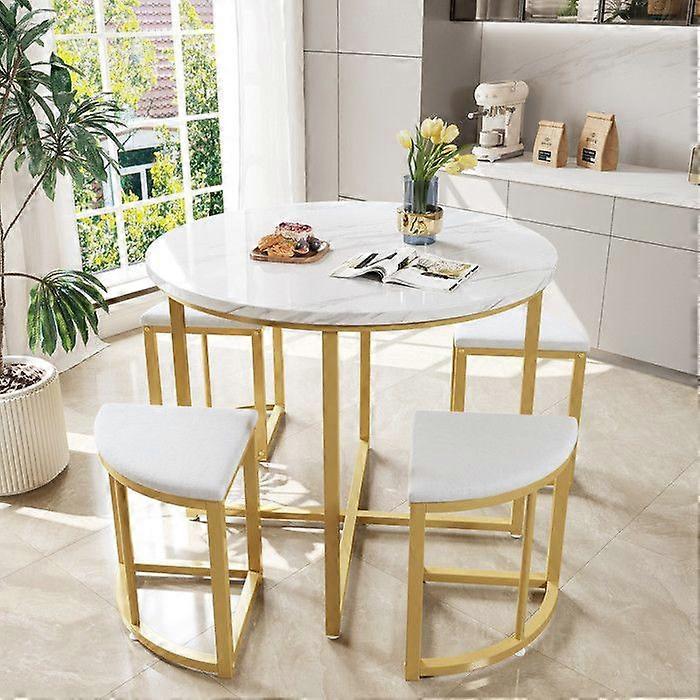 Dining set includes four dining chairs. The dining table features a white MDF tabletop.