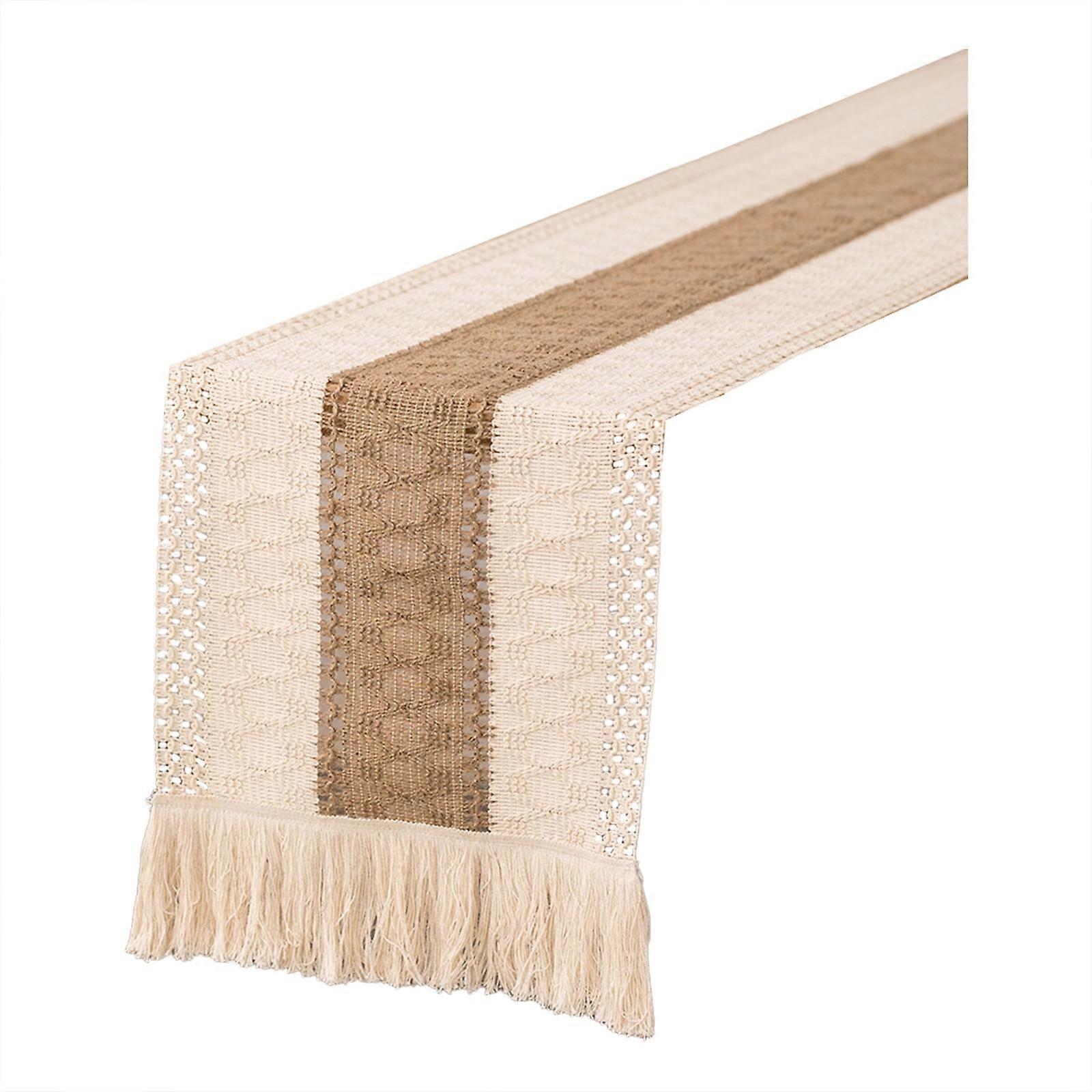 Yakbaofuo Burlap Table Runner with Tassels, Natural Splicing Cotton Boho Runner, Compatible with Rustic Farmhouse & Wedding Decor