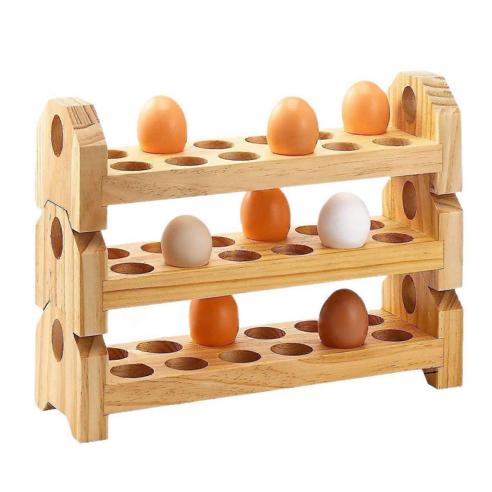 Wooden Eggs Holder With 3 Deck Design For Large Capacity Kitchen Countertop Display And Organization Stand Multicolor
