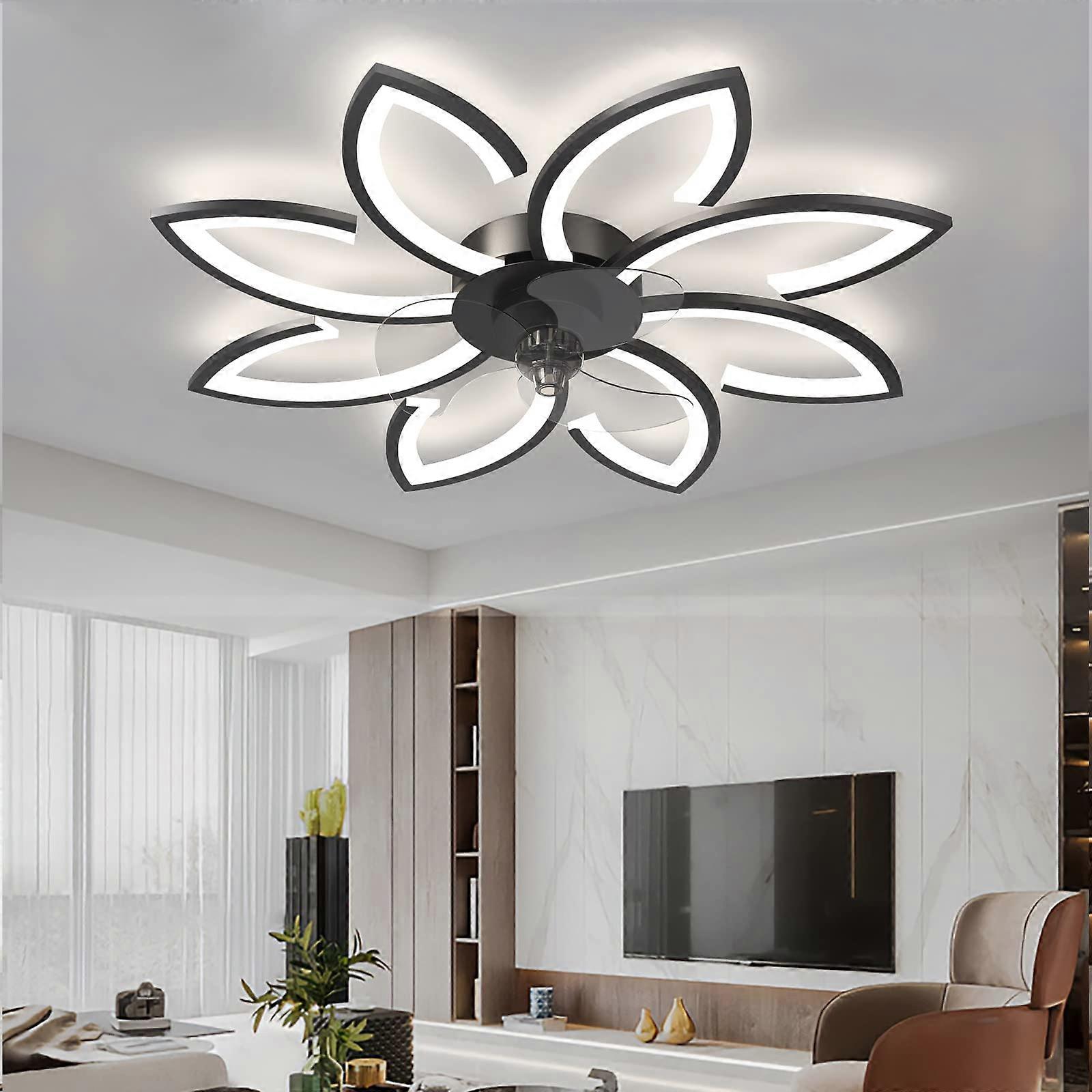 90cm Modern Ceiling Fans With Lights And Remote/APP, Black8 Flower, Dimmable LED, 6 Speed, Reversible Blades