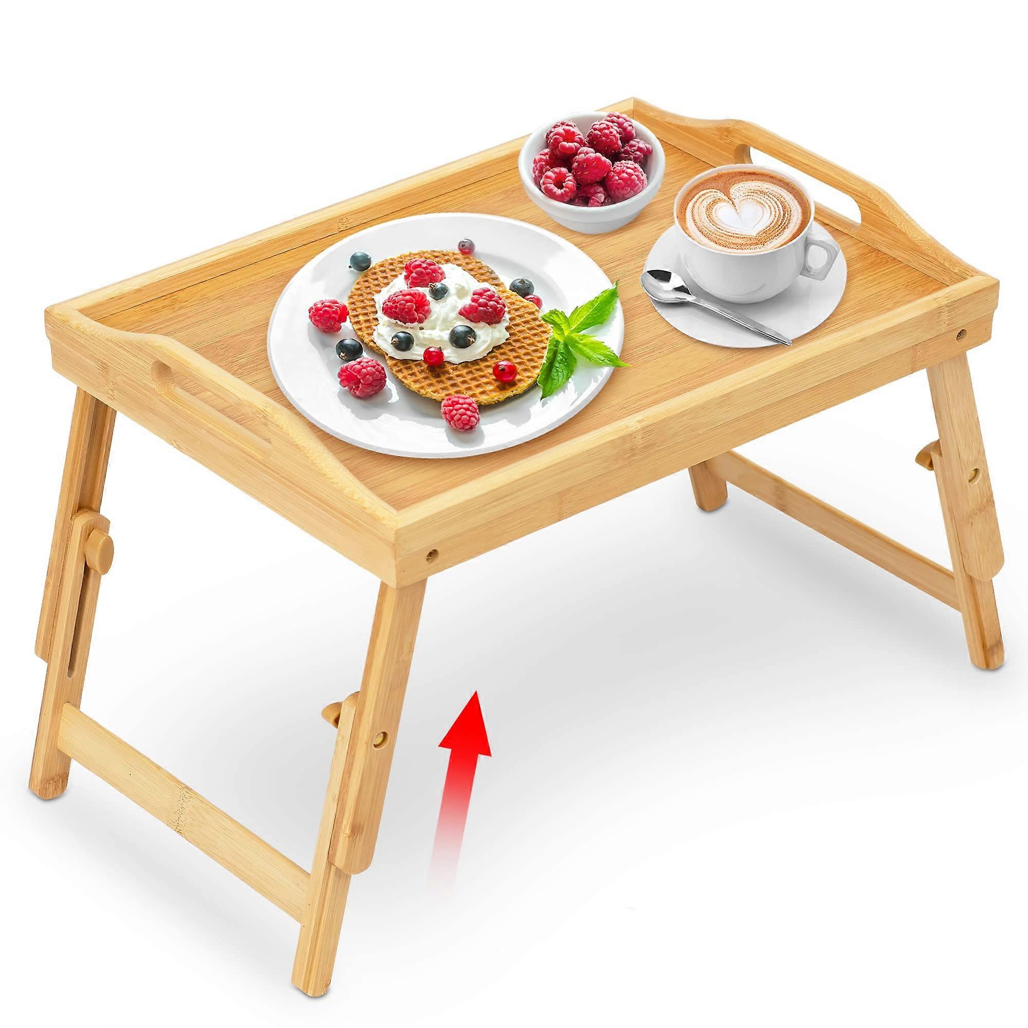 Adjustable Bamboo Bed Tray Table with Foldable Legs and SpillProof Edges for Breakfast in Bed