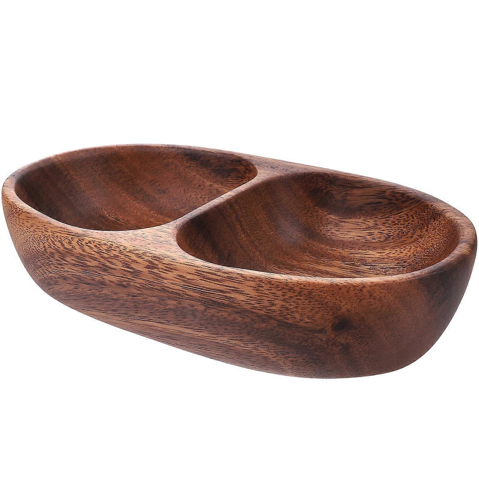Wooden Serving Tray with Dual Compartments, Rustic Snack Bowl for Fruit, Candy and Salad
