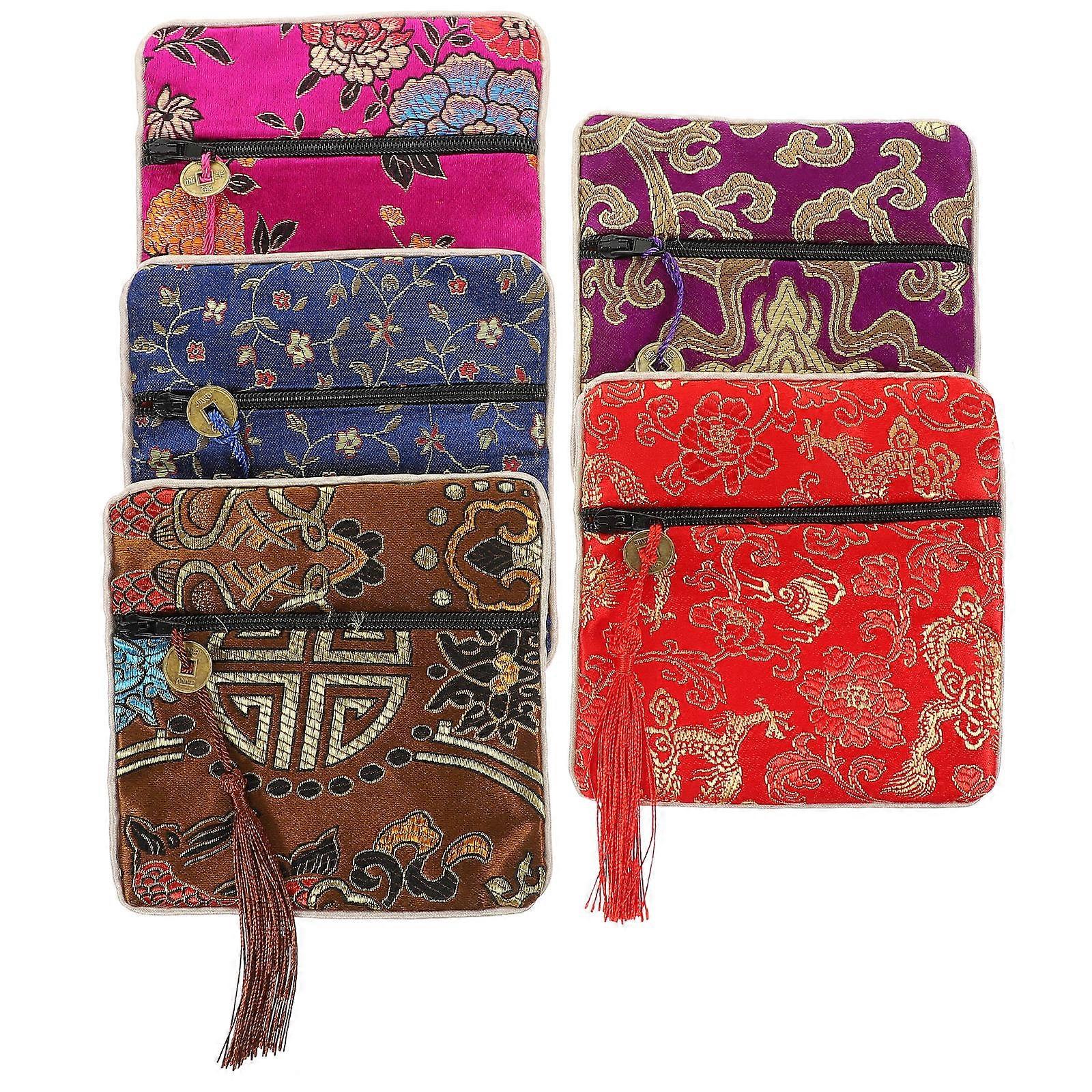 Assorted Color Brocade Fabric Drawstring Coin Bag for Storage 5Pcs
