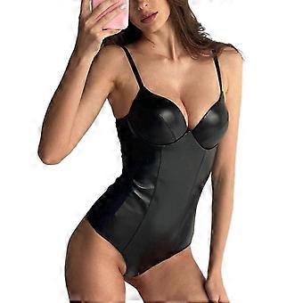 Womens PU Leathers Bodysuits Sexy Sleeveless Deep V-neck Spaghetti Strip Tops Shapewear Bodysuits Black