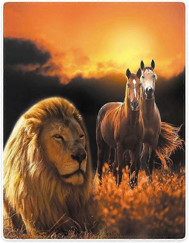 Soft Flannel Fleece Blanket Throw for Bed SofaLion and Horses