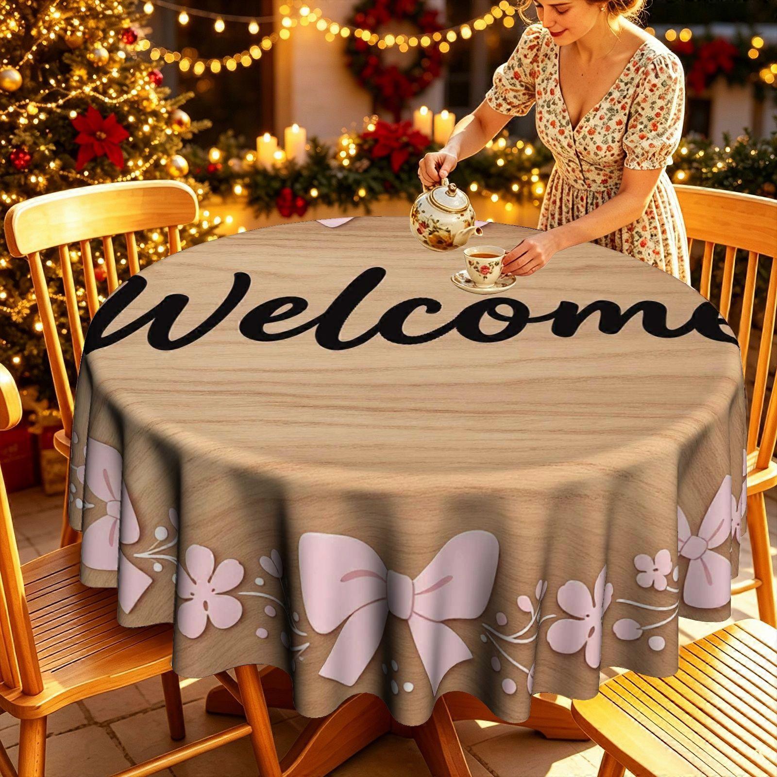 Welcome Script and Pink Bow Floral Border Tablecloth