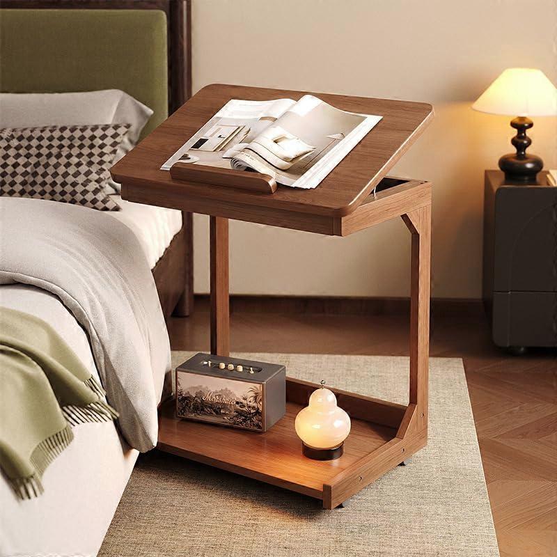 Adjustable Tiltable Walnut Side Table with Wheels and Storage