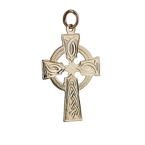 9ct Gold 28x20mm hand engraved knot pattern Celtic Cross