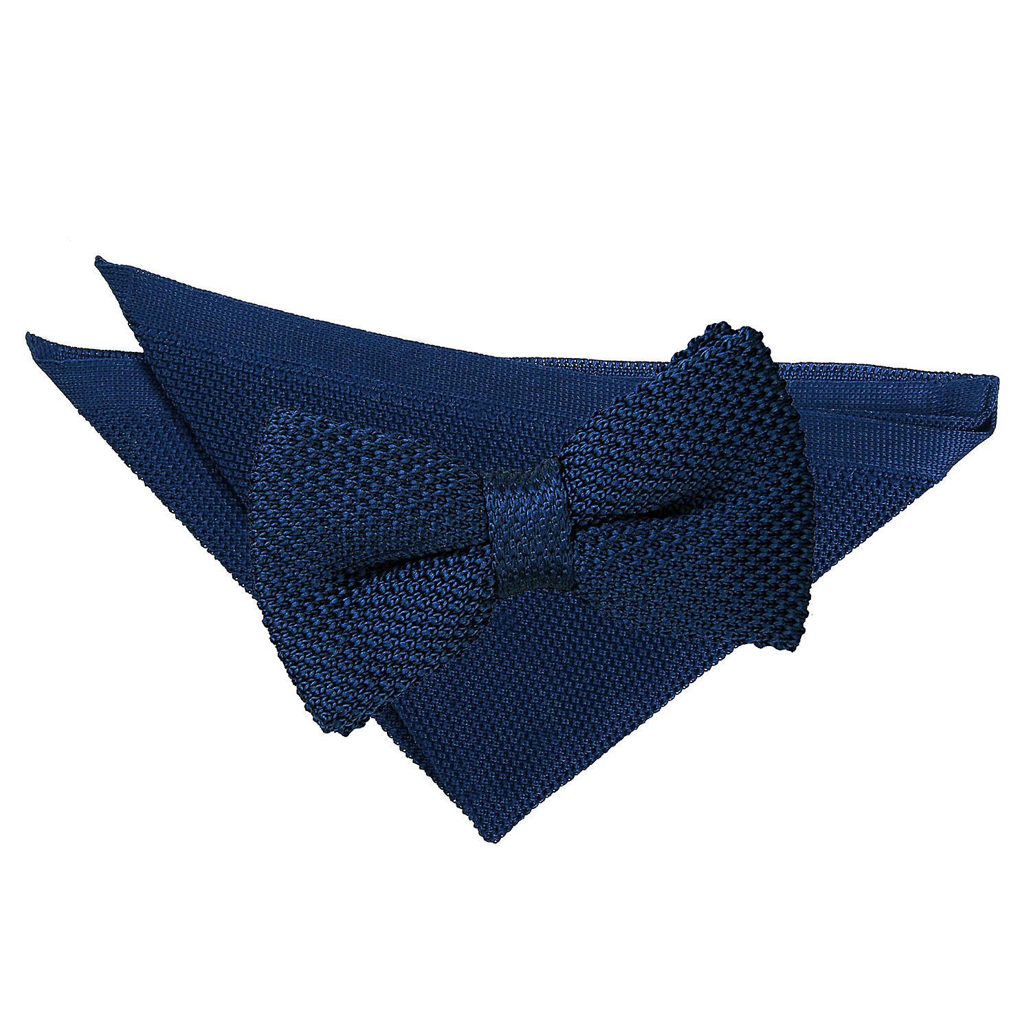 Navy Blue Knitted Bow Tie and Pocket Square Set