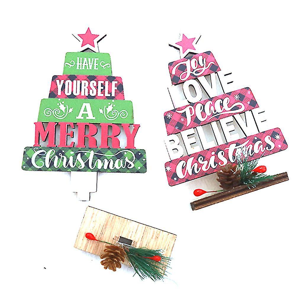 2pcs Wooden Christmas Trees Tabletop Decoration Mini Xmas Tree Wooden Block Signs Tabletop Decor