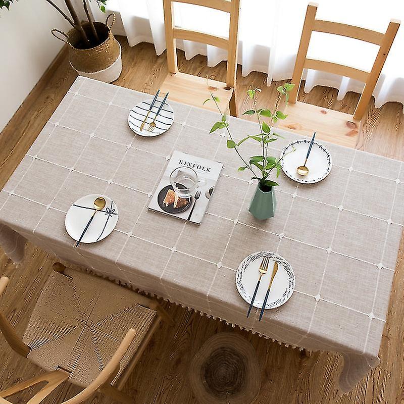 Tassel cotton and linen solid color square plaid dustproof tablecloth rectangular tablecloth
