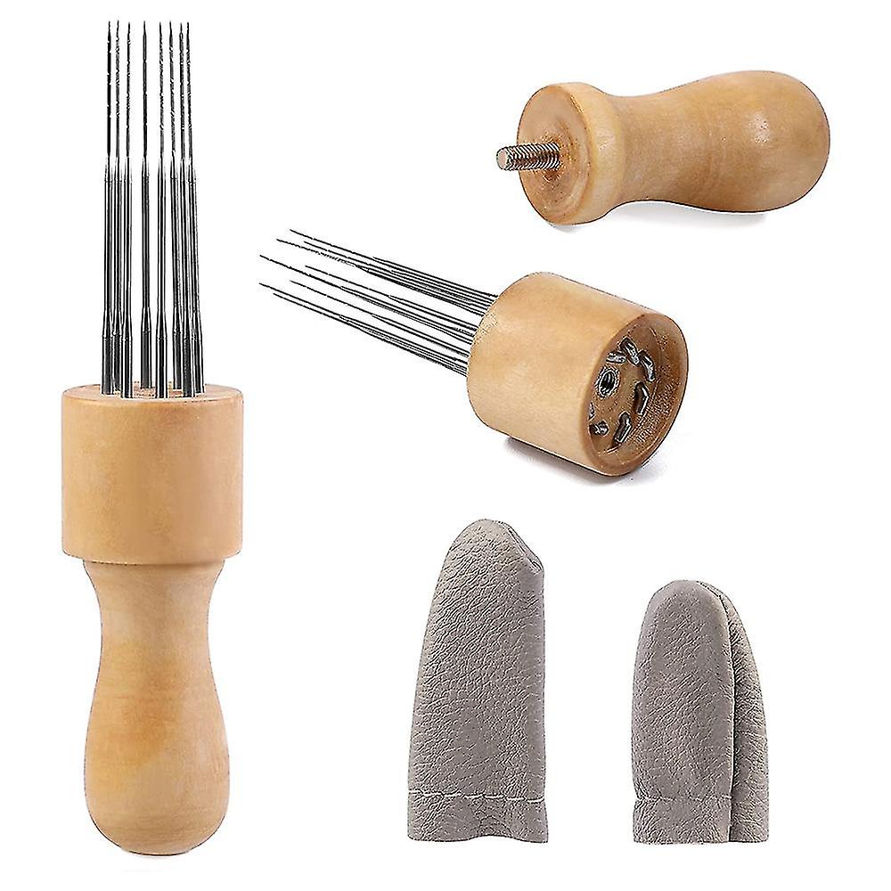 מחט לבד עם שמונה מחטים כלי ידית עץ מלא מלאכה כלי אגרוף לבד עם מיטות אצבע