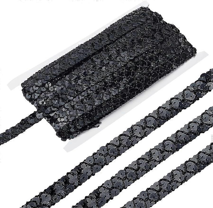 14Yards 3/5 Inch Sequin Ribbon Trim Black Sequin Glitter Trim Metallic Sequin Braid Trim 2 Rows Flat Glitter Ribbon Bling Fabric Paillette Elastic Seq