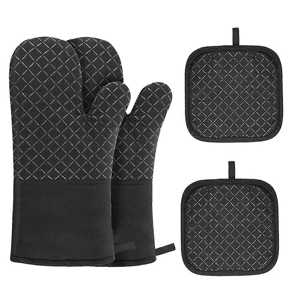 厨房耐热烤箱手套和锅架 - 4 件棉质烤箱手套和热垫，带防滑硅胶握把长臂