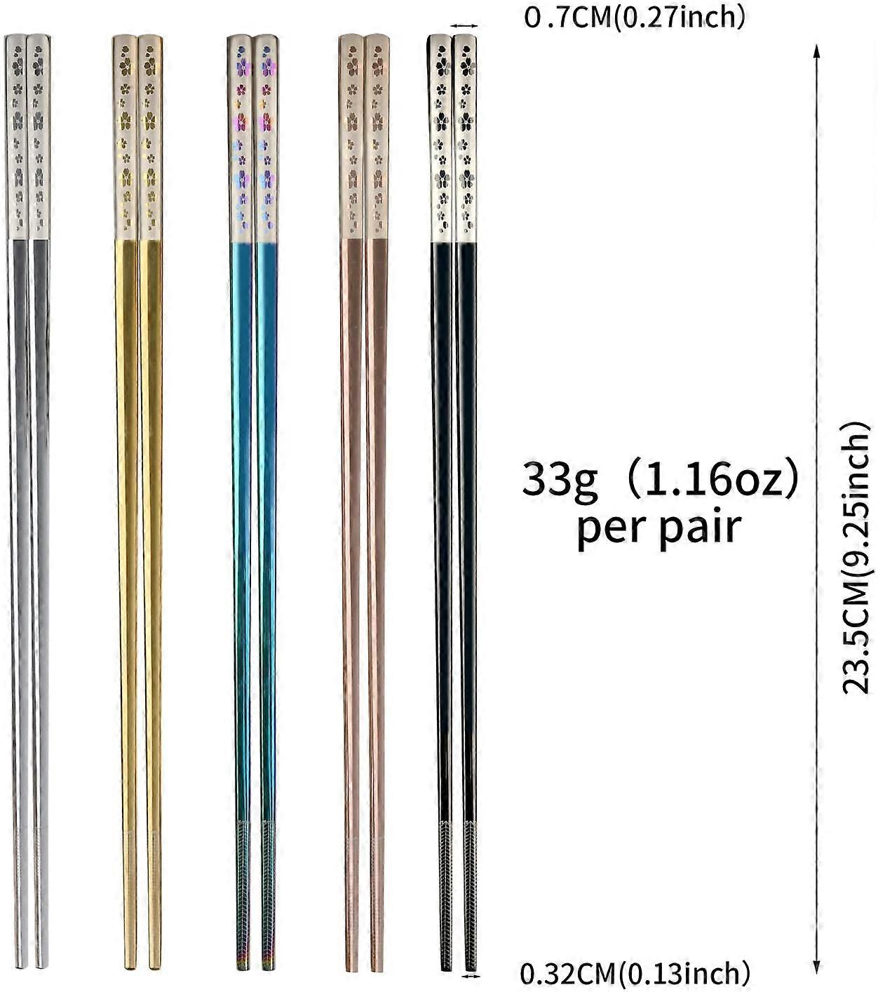 Baguettes arc-en-ciel en acier inoxydable, baguettes réutilisables, 5 paires de baguettes en métal lavables au lave-vaisselle, faciles à utiliser, carrées légères Baguettes - Coffret cadeau