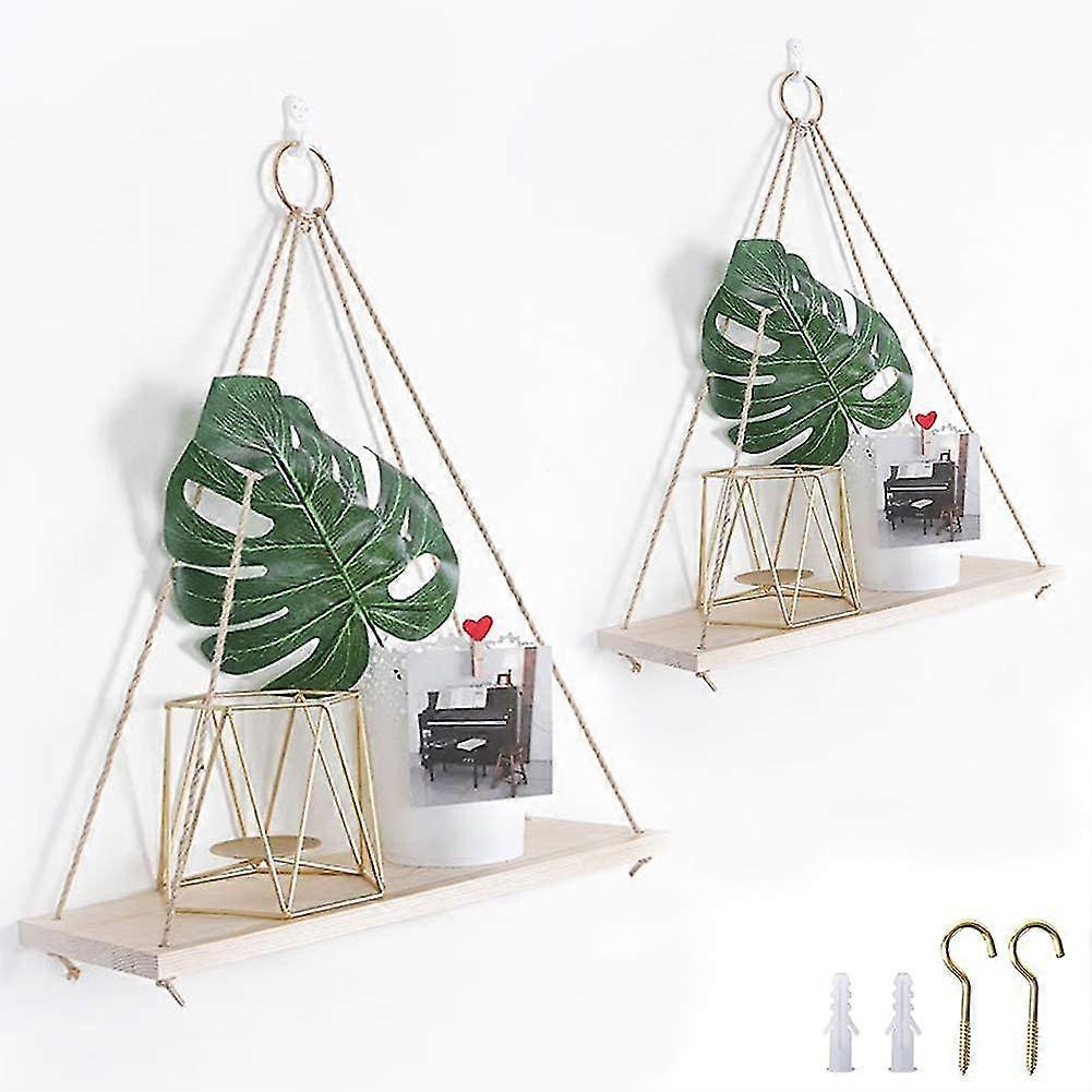 مجموعة من 2 رفوف ريفية معلقة من الخشب المتعثرة مع حبل وخطافات