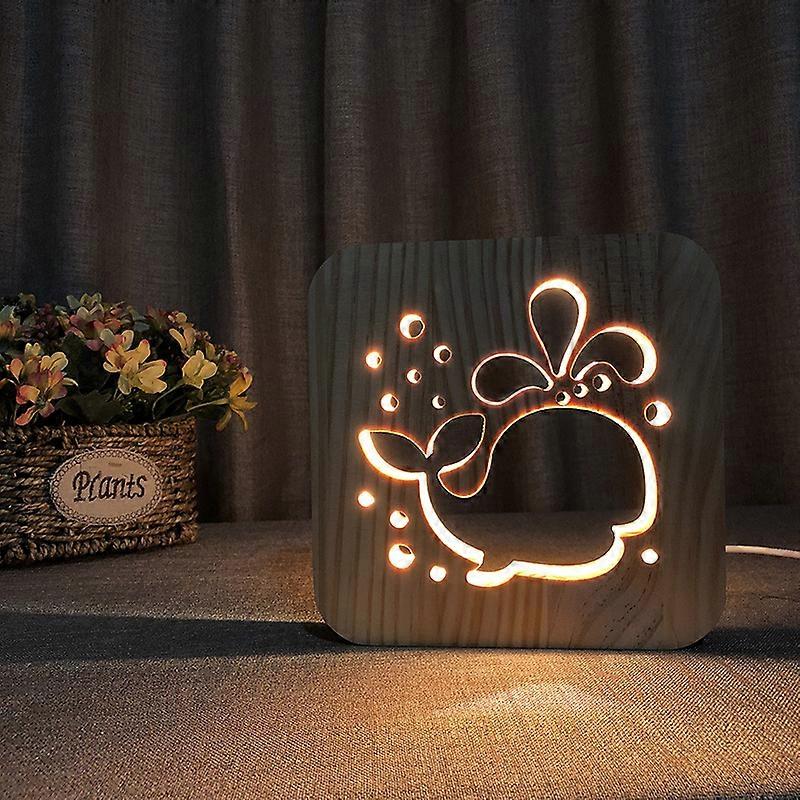 Solid wood carving cute whale table lamp creative gift novel night light,2024 Ping