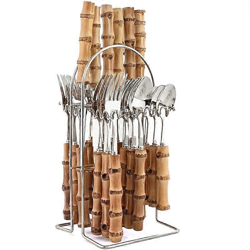 24Pcs Tableware Sets Bamboo Handle Stainless Steel Cutlery Set Creative Dinnerware Knife Fork Spoon Mirror Flatware