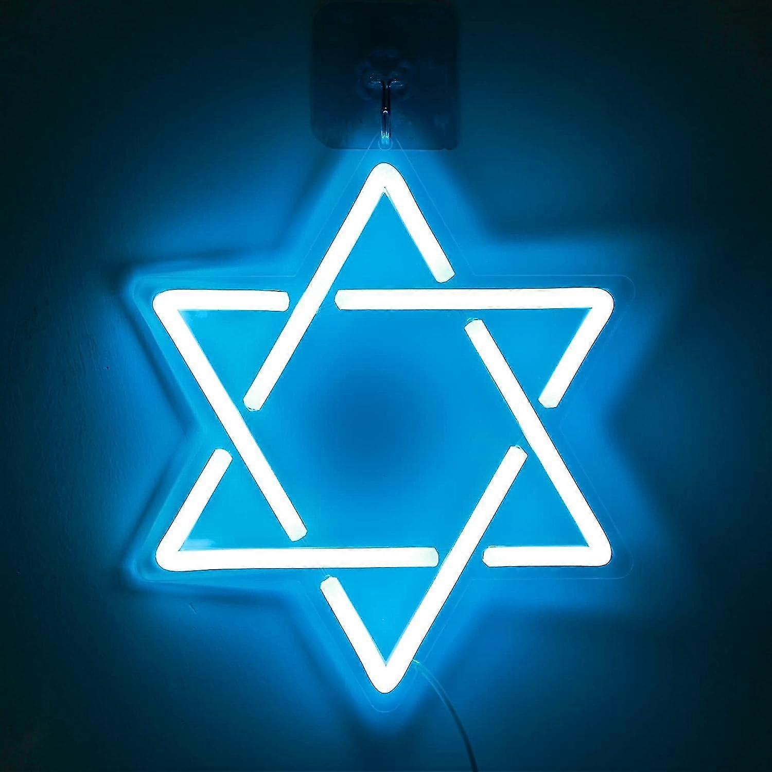 Star Of David Neon Sign, Hanukkah Decorations Blue Six Pointed Star Shape Light Up Acrylic With Usb Powered, Led Neon Light Wall Art Decor For Jews J