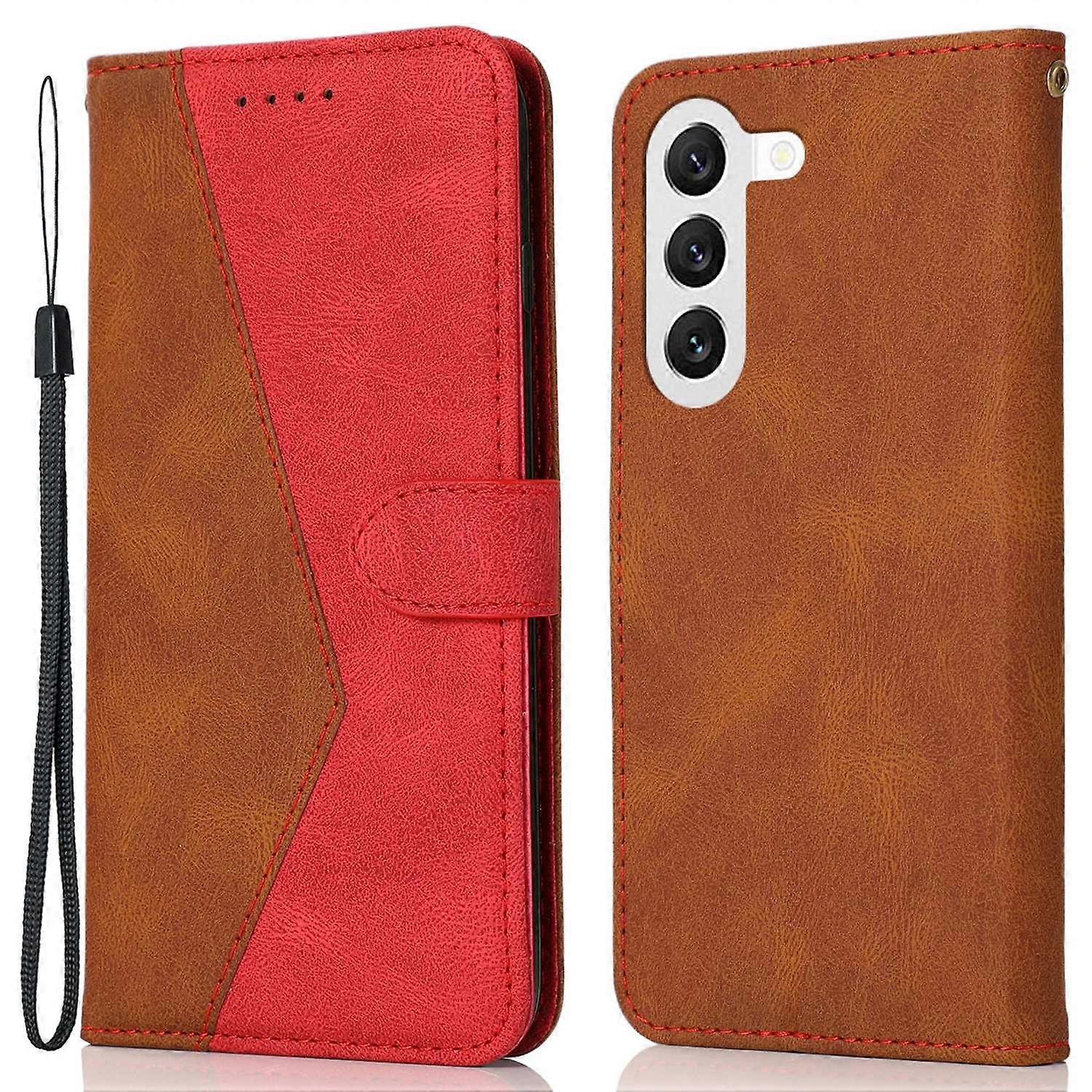 For Samsung Galaxy S23 Color Splicing PU Leather Phone Stand Case Magnetic Clasp Shockproof Wallet Cover with Wrist Strap