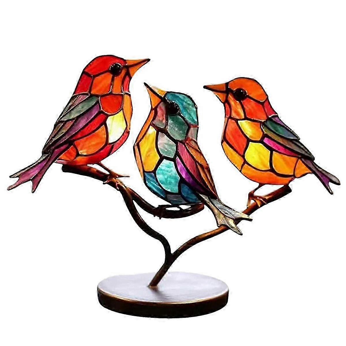 Stained Birds on Branch Desktop Ornaments, Multicolor Bird Stained Metal Desk Ornament,Stain Iron O